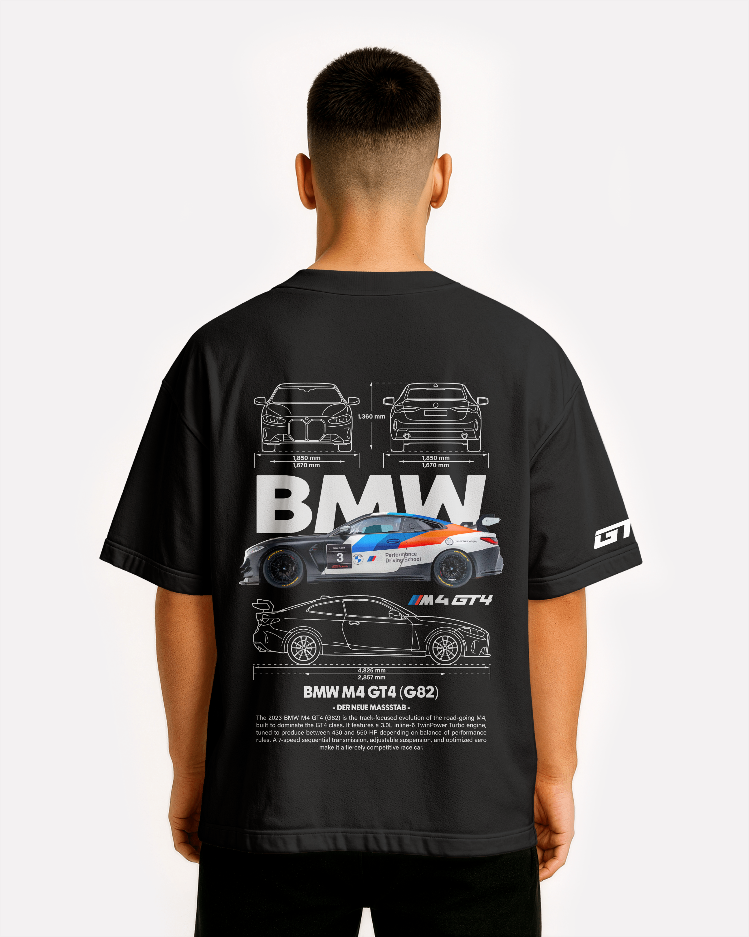 BMW M4 GT4 G82 Oversize T-shirt Unisex biała/czarna