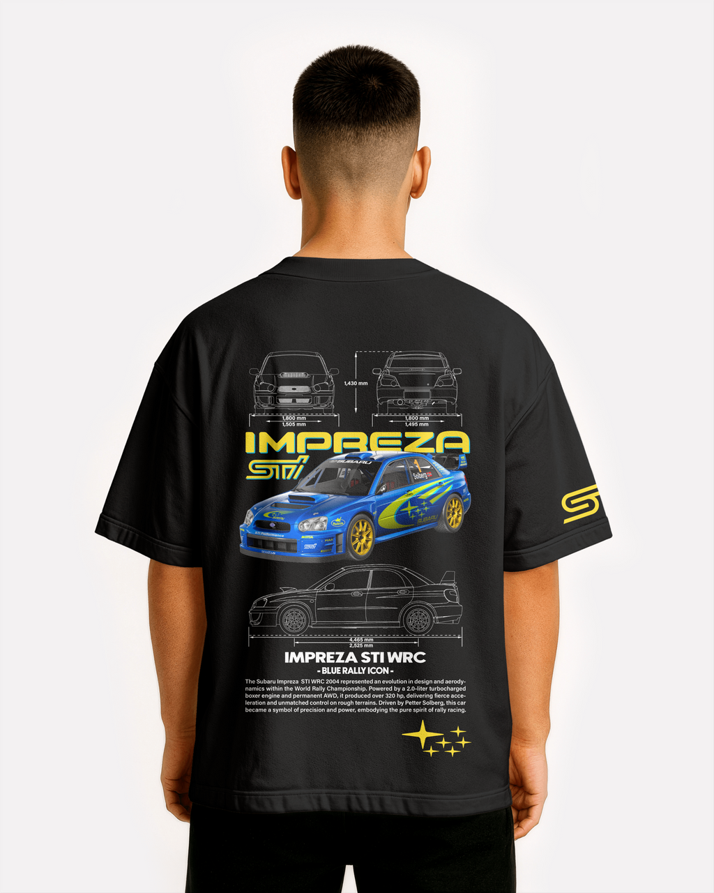 Subaru Impreza STI WRC Oversize T-shirt Unisex biała/czarna