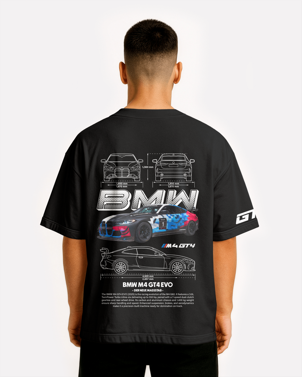 BMW M4 GT4 EVO Oversize T-shirt Unisex biała/czarna