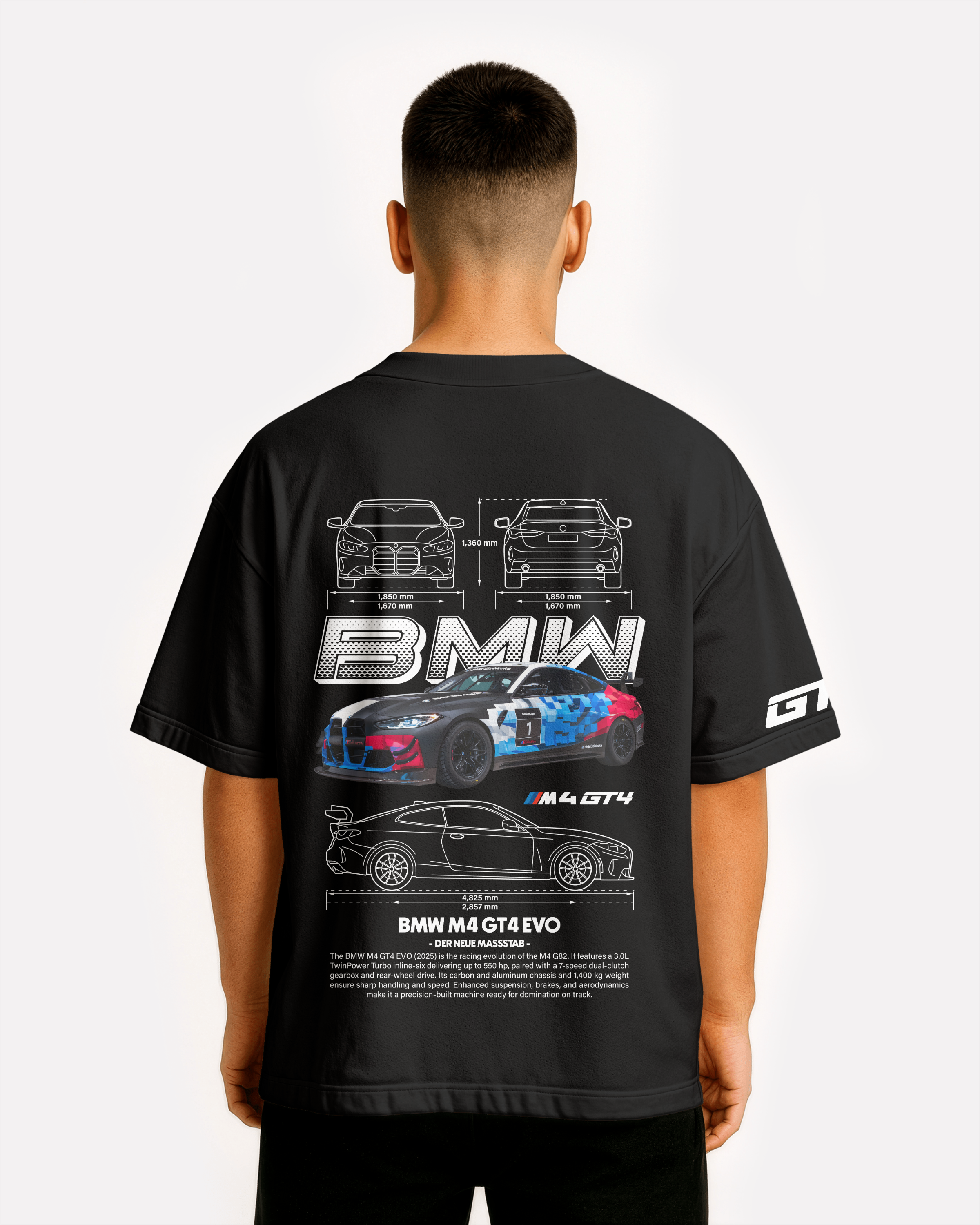 BMW M4 GT4 EVO Oversize T-shirt Unisex biała/czarna