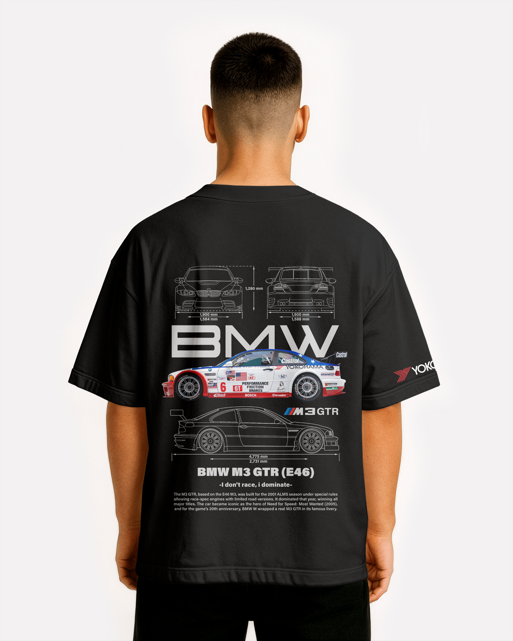 BMW M3 GTR E46 Oversize T-shirt Unisex biała/czarna