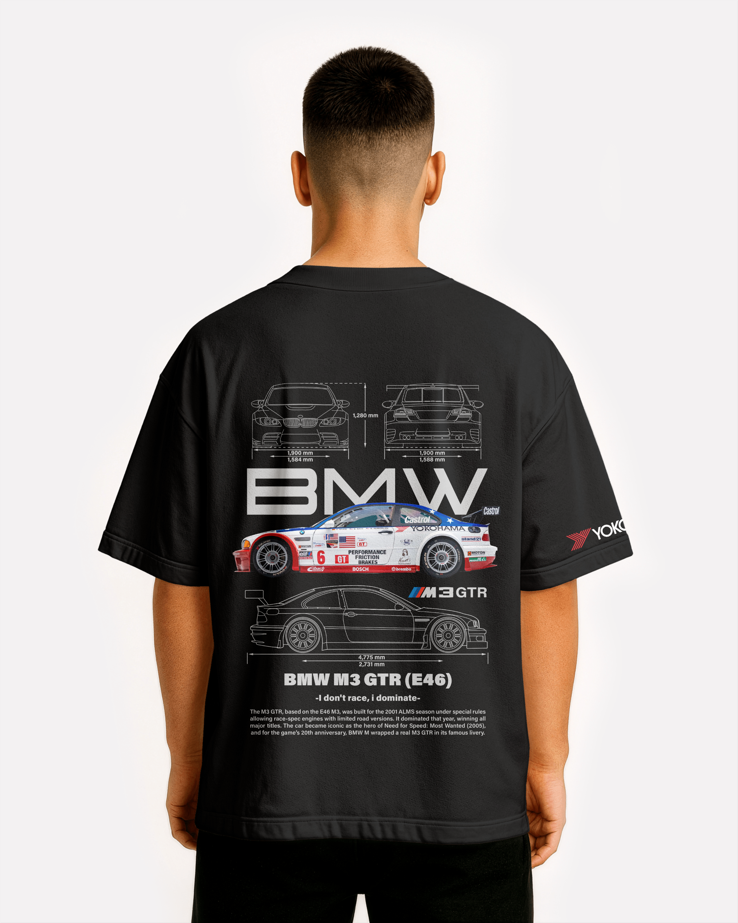 BMW M3 GTR E46 Oversize T-shirt Unisex biała/czarna