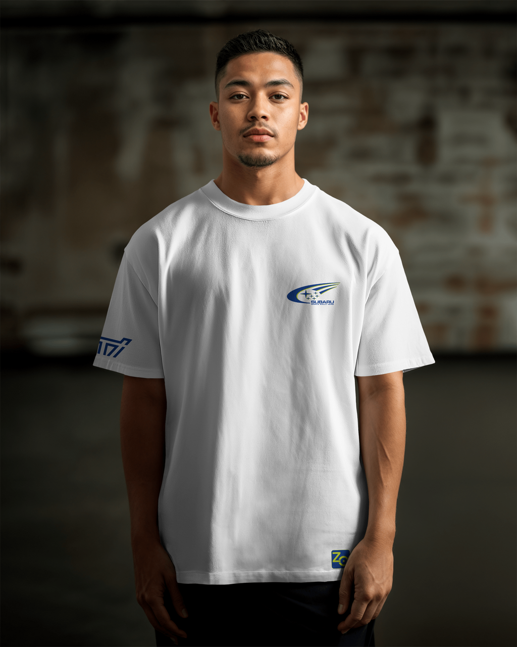 Subaru Impreza STI WRC Oversize T-shirt Unisex biała/czarna