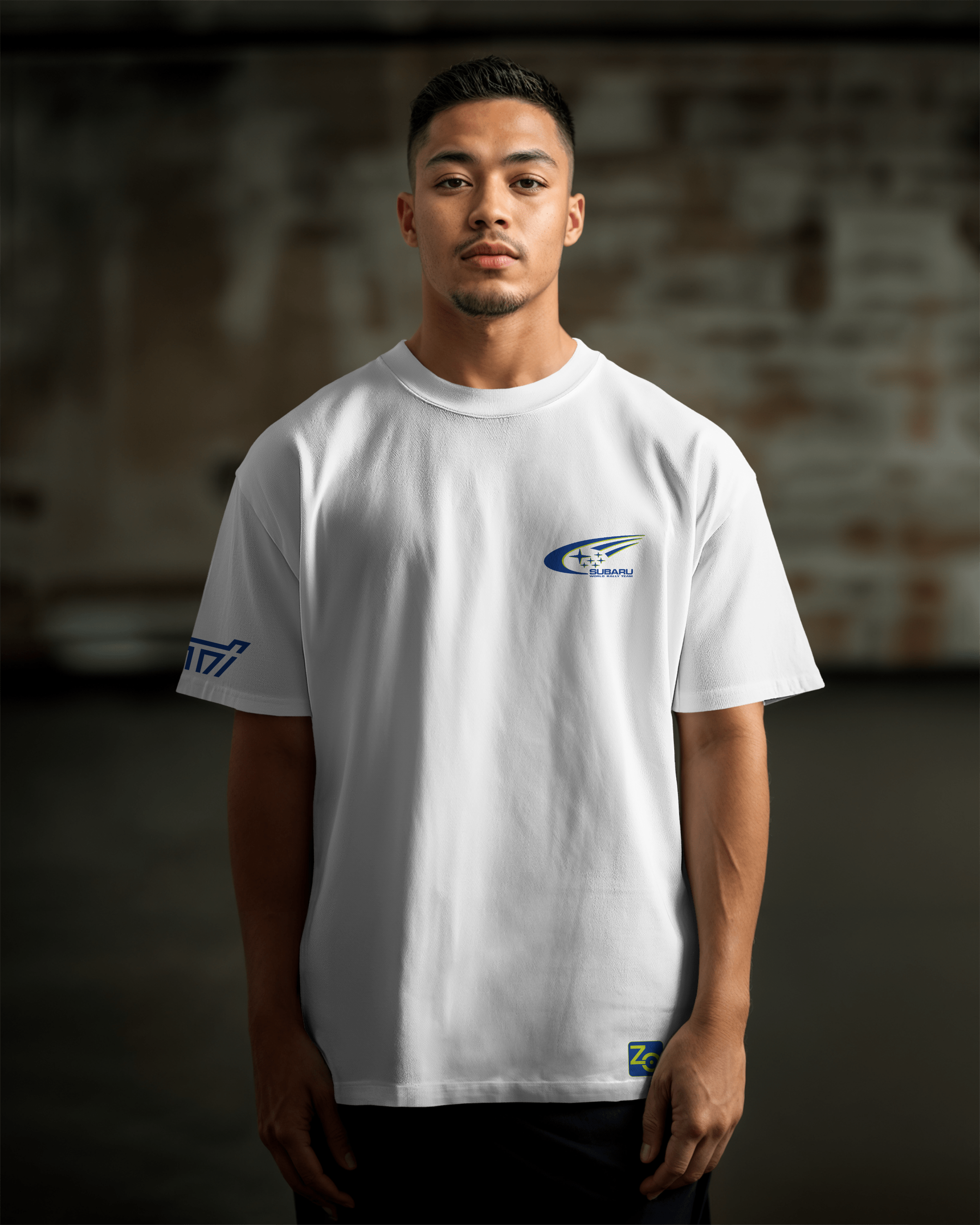 Subaru Impreza STI WRC Oversize T-shirt Unisex biała/czarna
