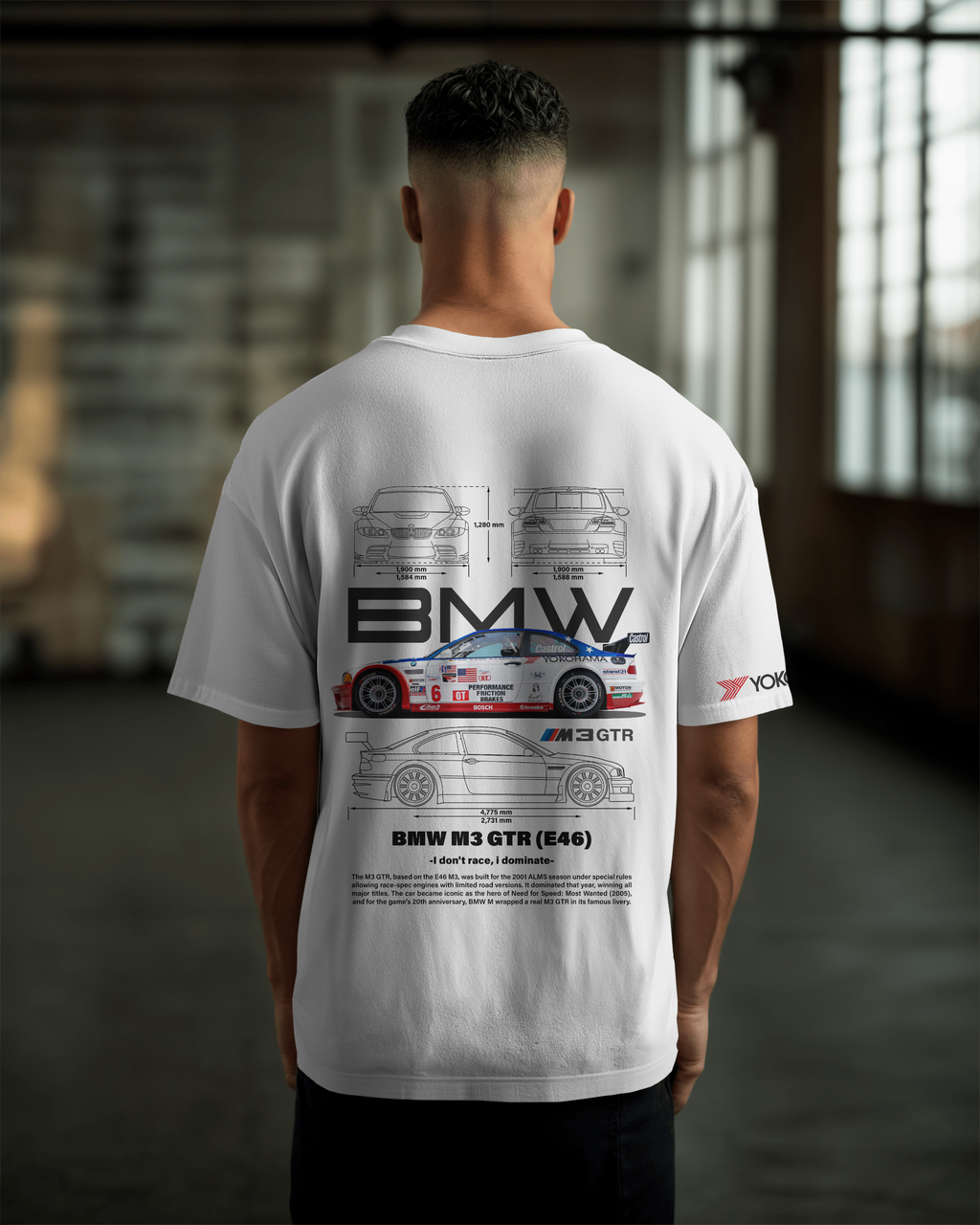 BMW M3 GTR E46 Oversize T-shirt Unisex biała/czarna