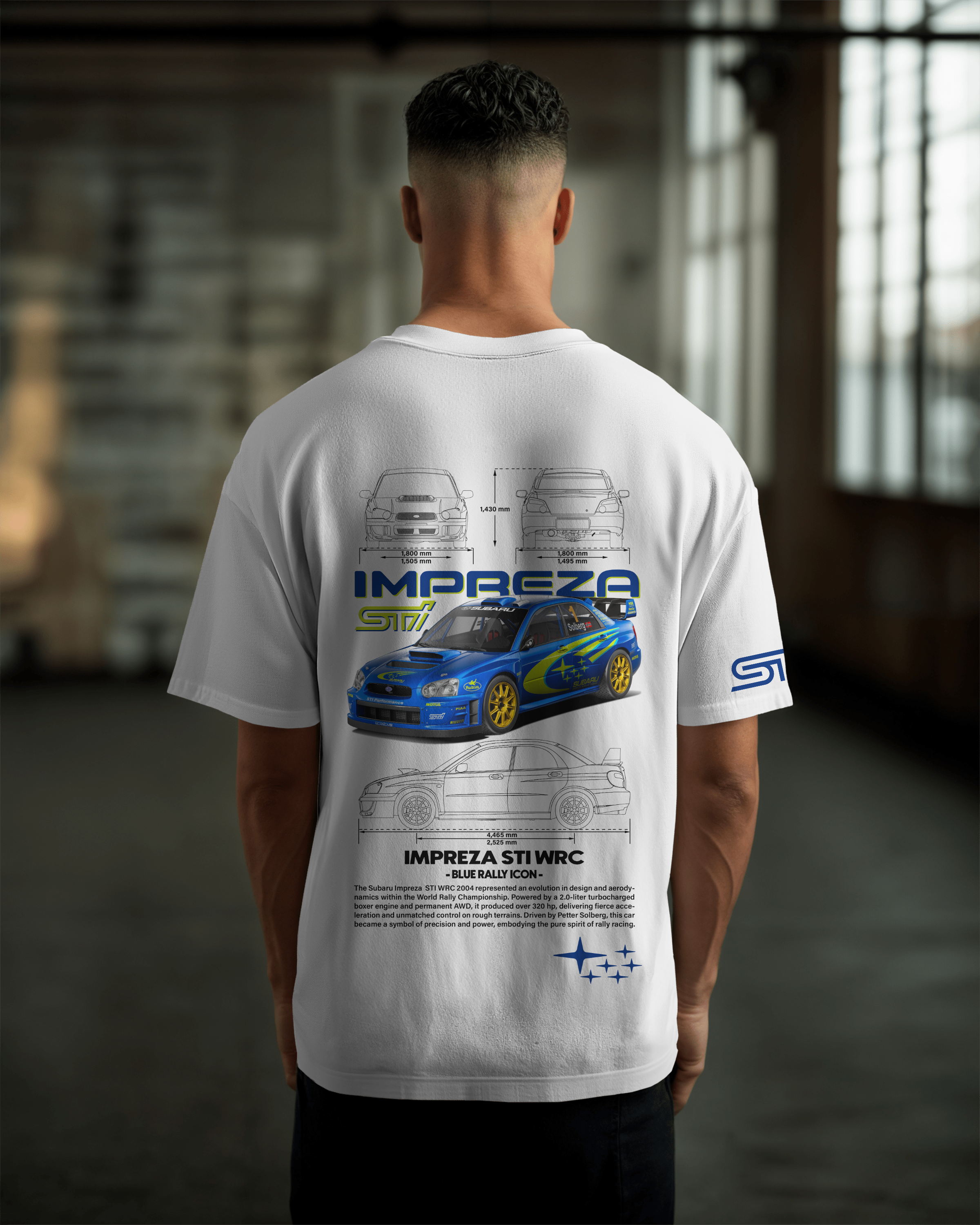 Subaru Impreza STI WRC Oversize T-shirt Unisex biała/czarna