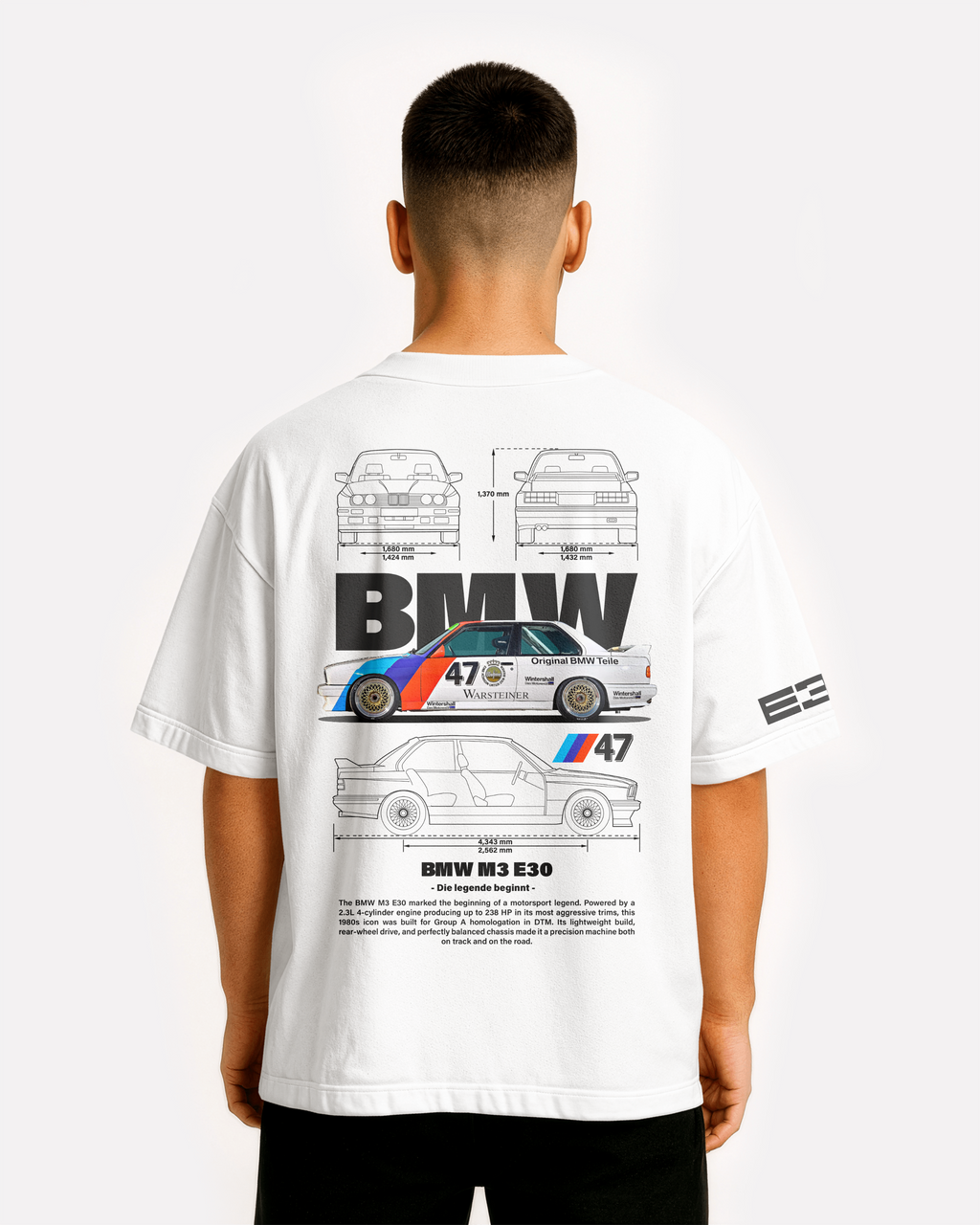 BMW M3 E30 Oversize T-shirt Unisex biała/czarna