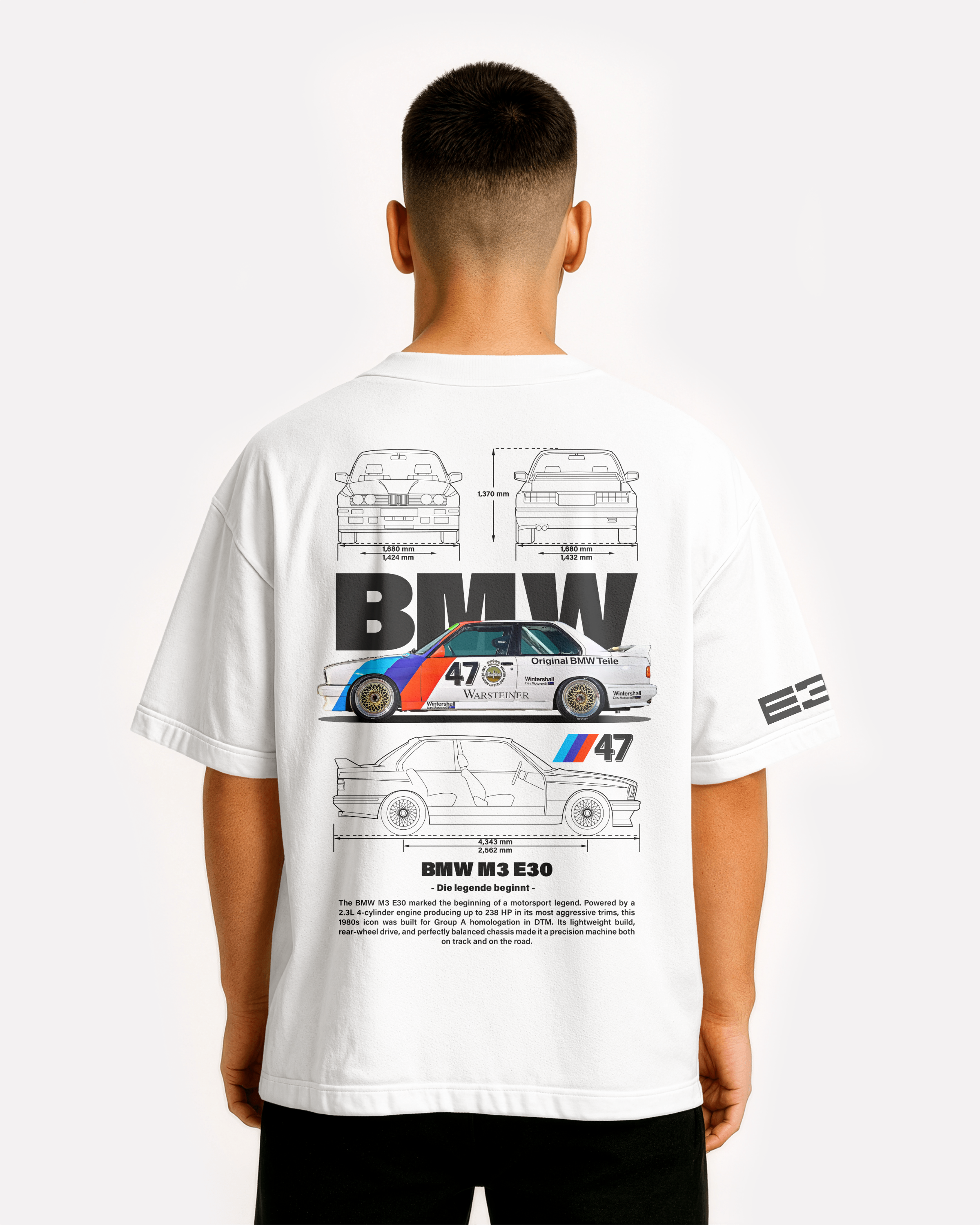 BMW M3 E30 Oversize T-shirt Unisex biała/czarna