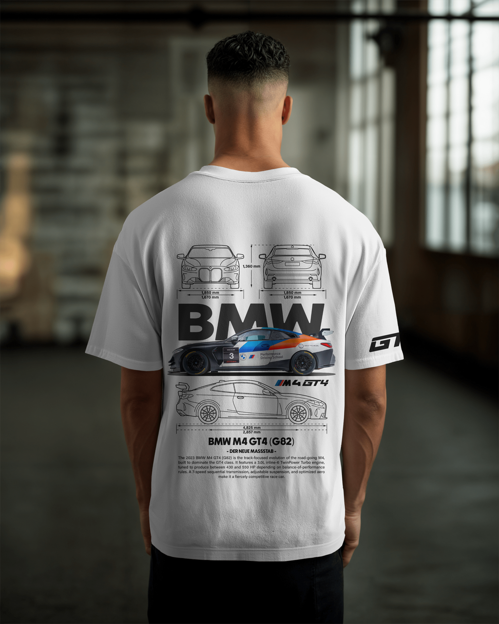 BMW M4 GT4 G82 Oversize T-shirt Unisex biała/czarna