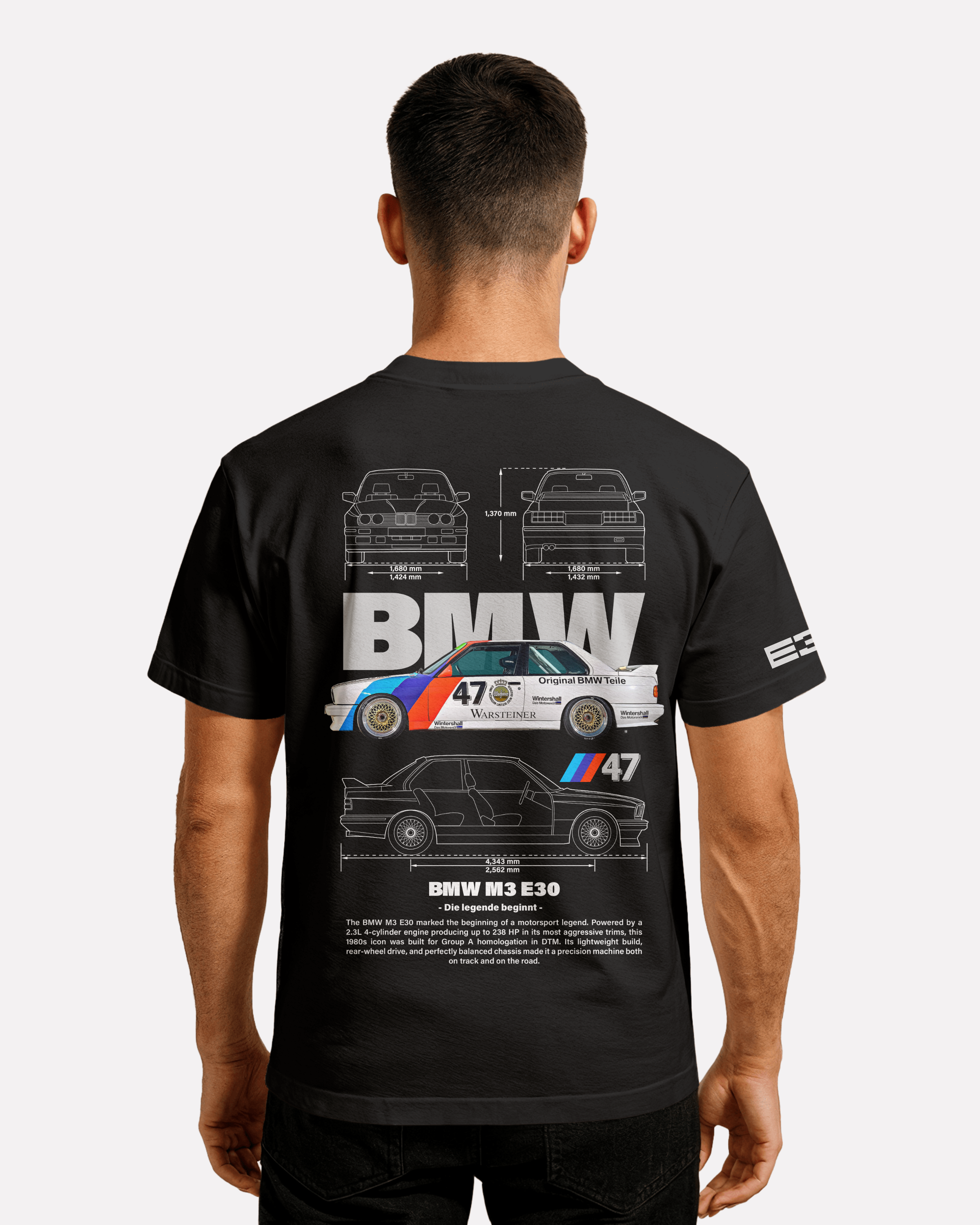 BMW M3 E30 T-shirt Classic Unisex biała/czarna/niebieska