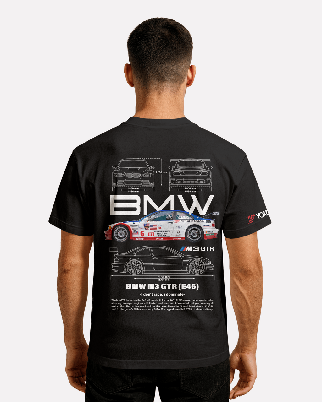 BMW M3 GTR E46 T-shirt Classic Unisex biała/czarna/niebieska