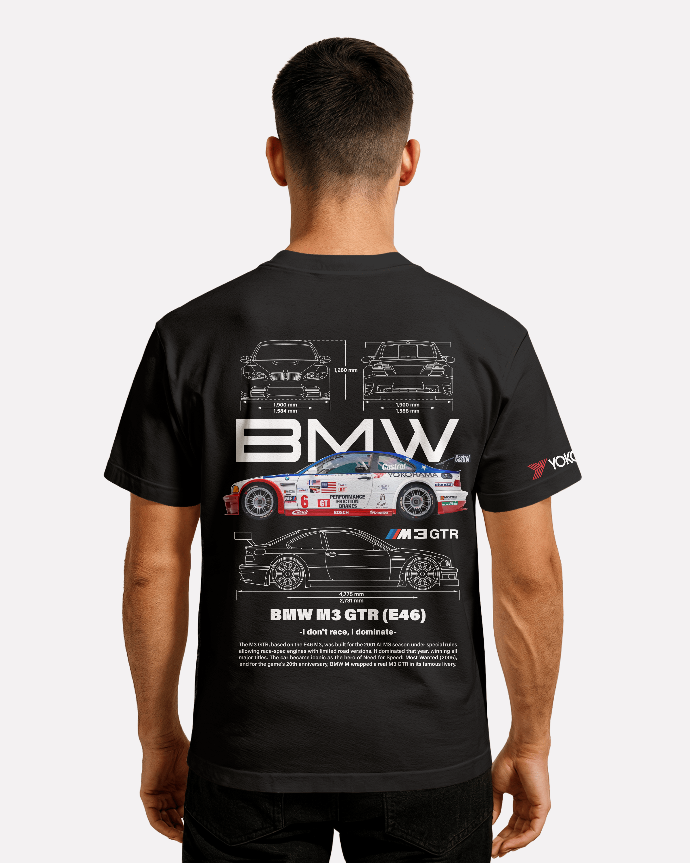 BMW M3 GTR E46 T-shirt Classic Unisex biała/czarna/niebieska