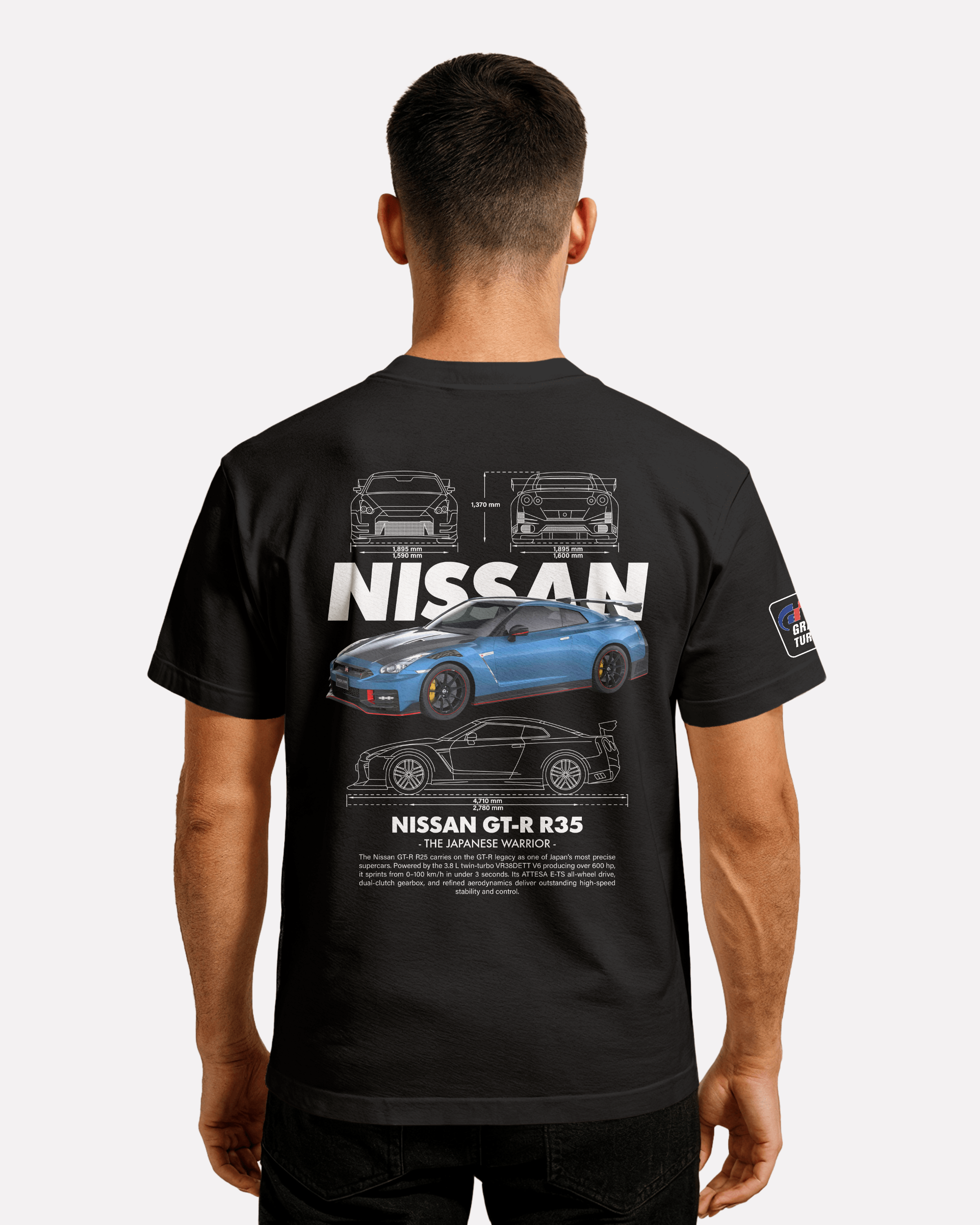 Nissan GTR R35 T-shirt Classic Unisex biała/czarna/niebieska