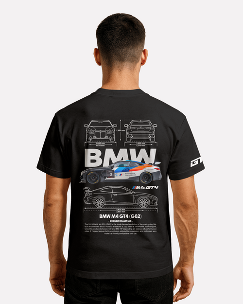 BMW M4 GT4 G82 T-shirt Classic Unisex biała/czarna/niebieska