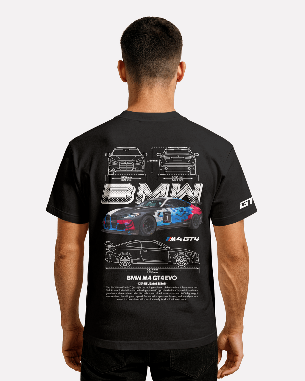BMW M4 GT4 EVO T-shirt Classic Unisex biała/czarna/niebieska