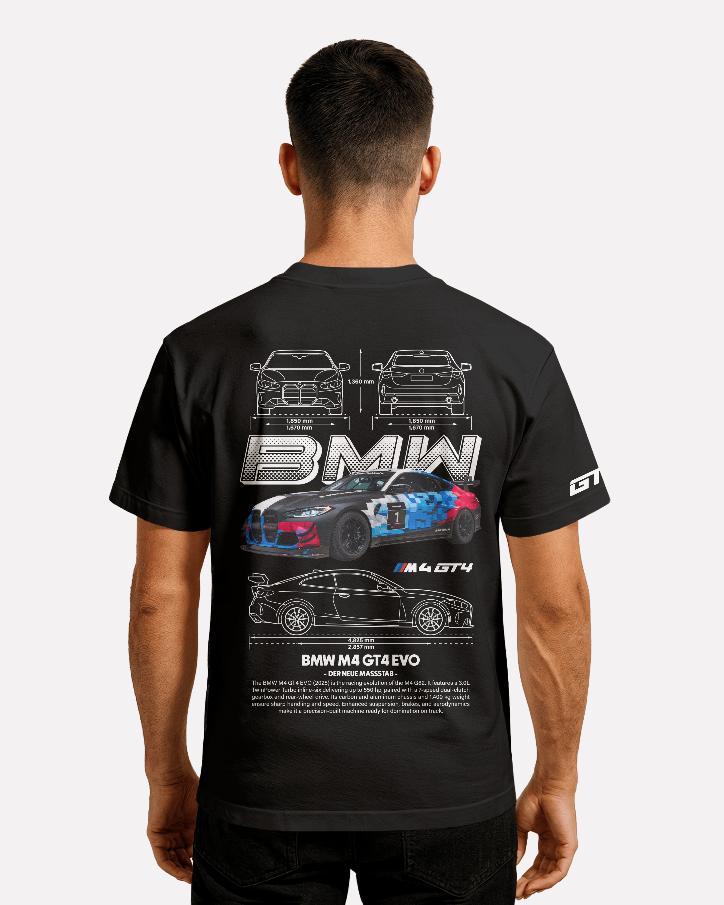 BMW M4 GT4 EVO T-shirt Classic Unisex biała/czarna/niebieska