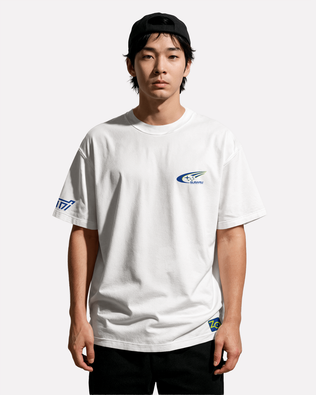 Subaru Impreza STI WRC T-shirt Classic Unisex biała/czarna/niebieska