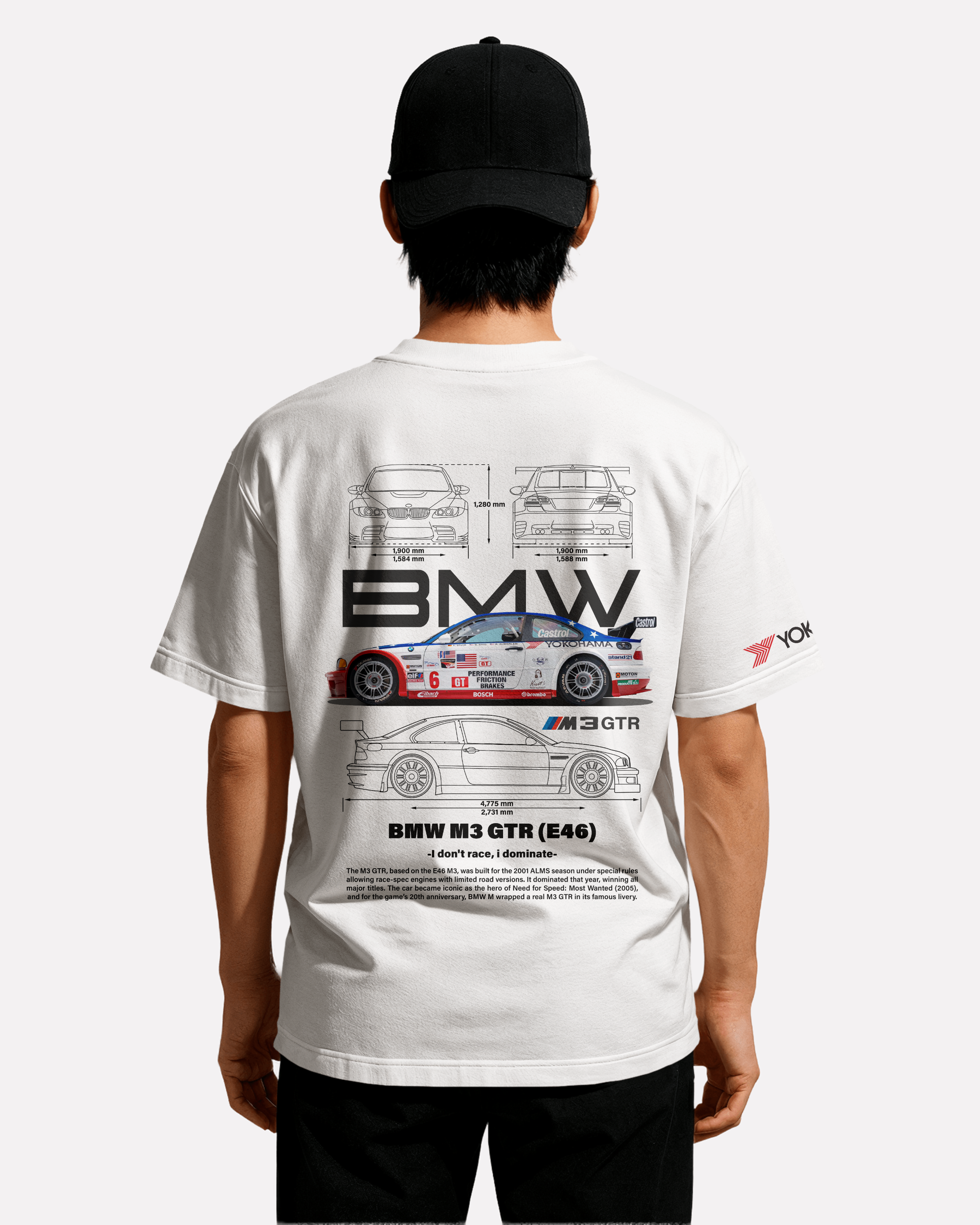 BMW M3 GTR E46 T-shirt Classic Unisex biała/czarna/niebieska