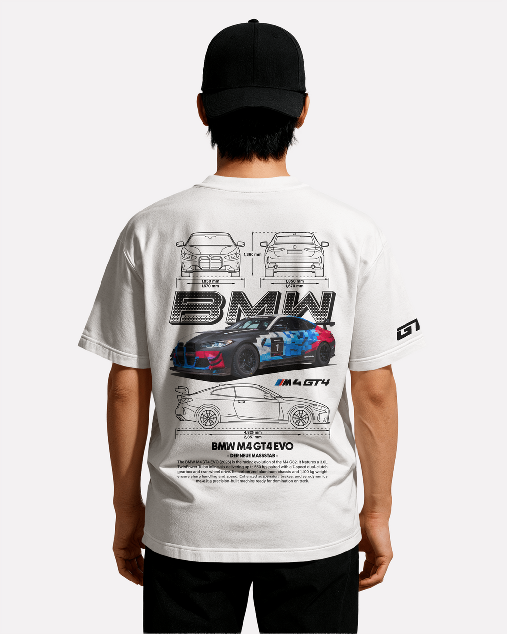 BMW M4 GT4 EVO T-shirt Classic Unisex biała/czarna/niebieska