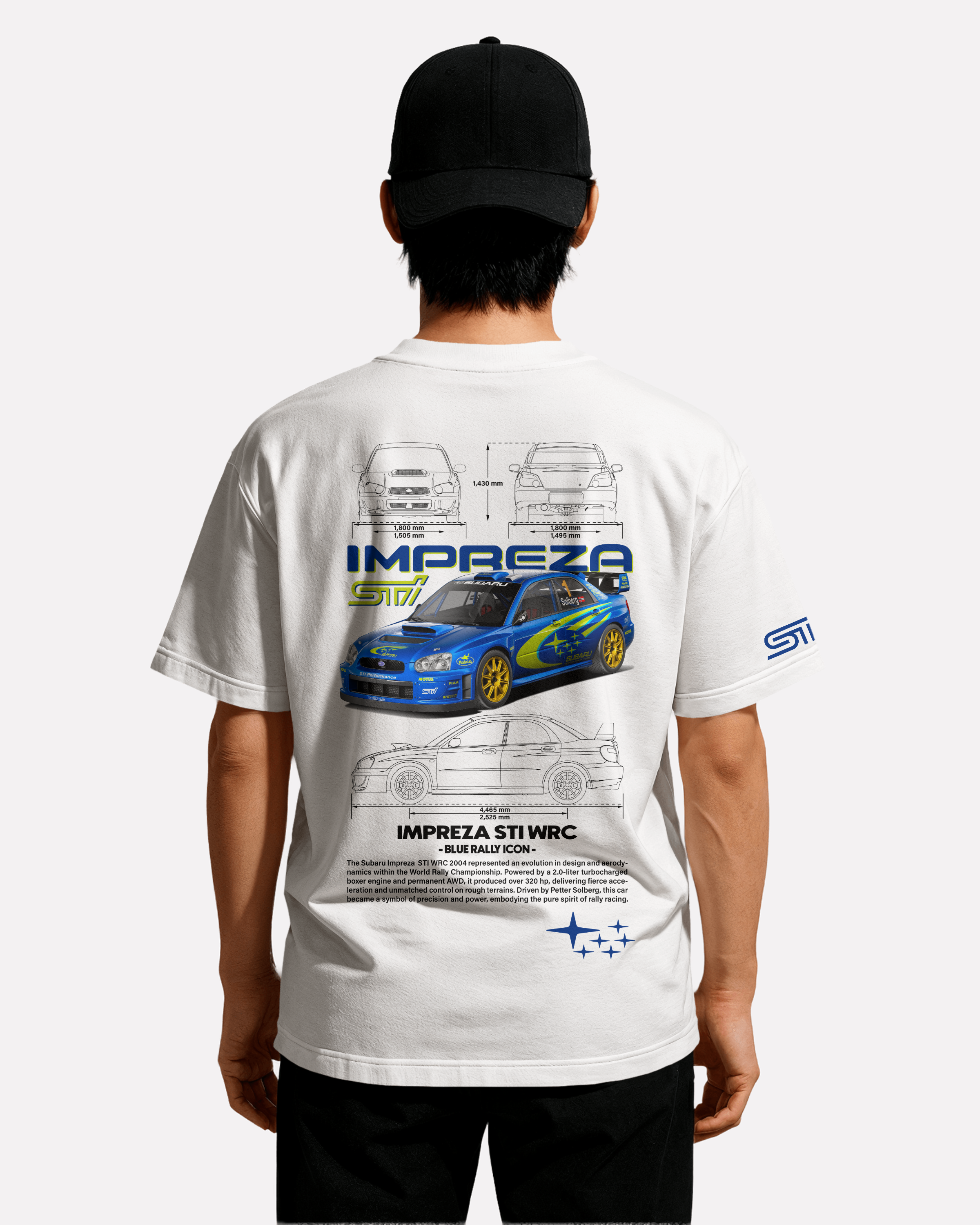 Subaru Impreza STI WRC T-shirt Classic Unisex biała/czarna/niebieska