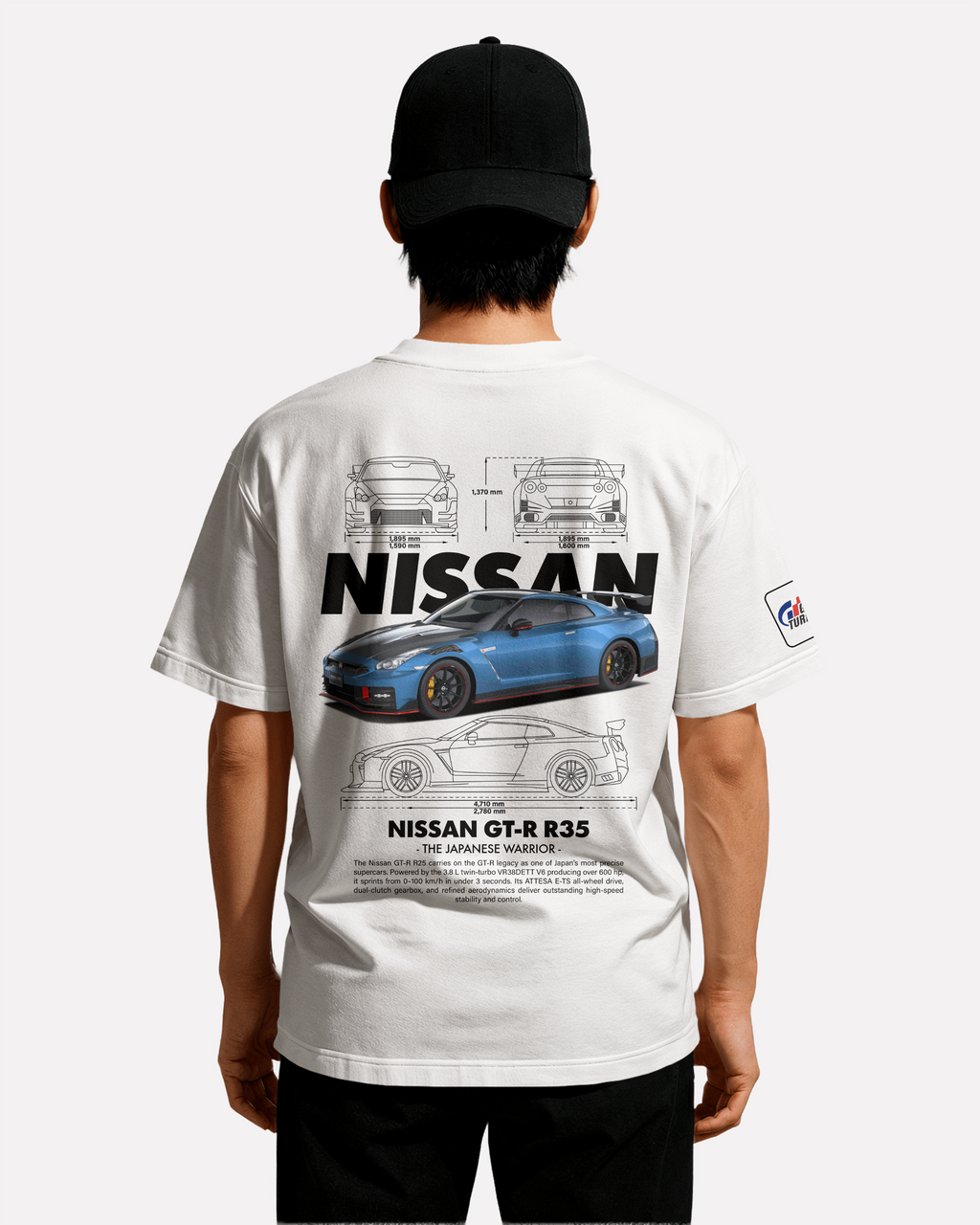 Nissan GTR R35 T-shirt Classic Unisex biała/czarna/niebieska