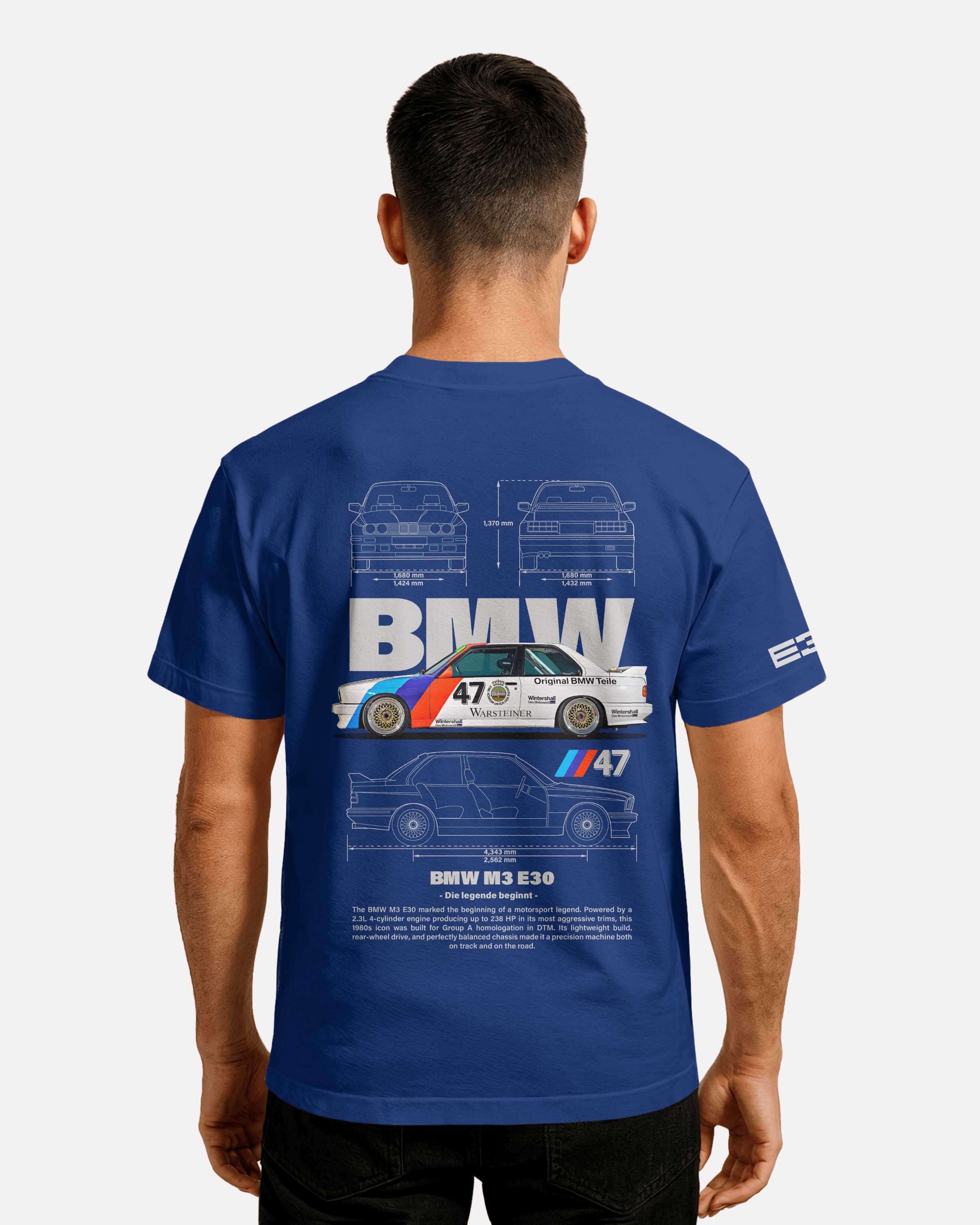 BMW M3 E30 T-shirt Classic Unisex biała/czarna/niebieska