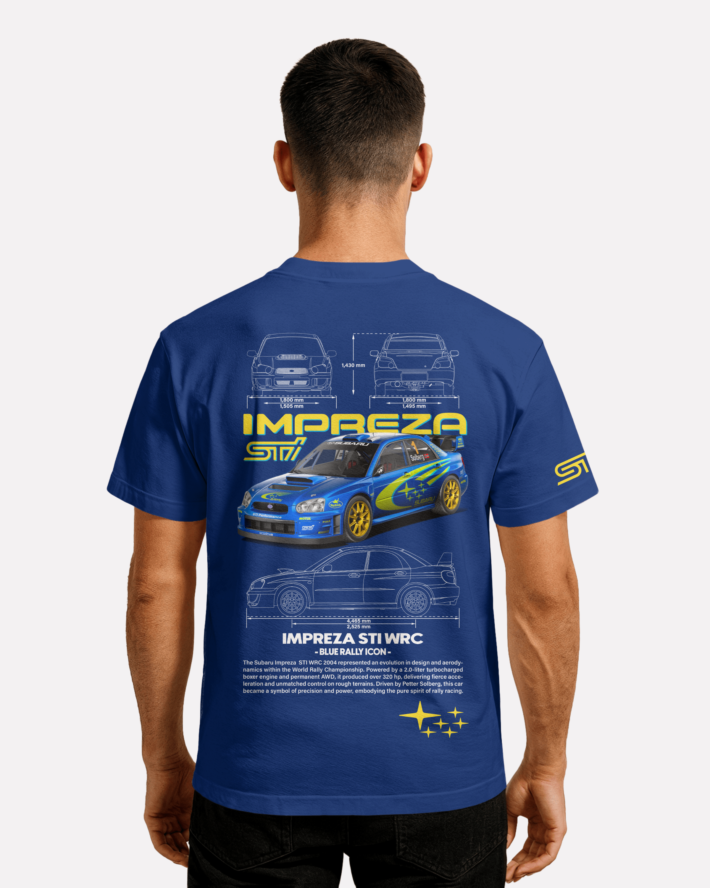 Subaru Impreza STI WRC T-shirt Classic Unisex biała/czarna/niebieska