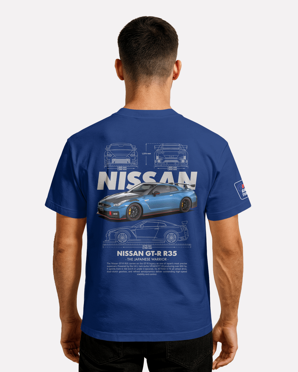 Nissan GTR R35 T-shirt Classic Unisex biała/czarna/niebieska