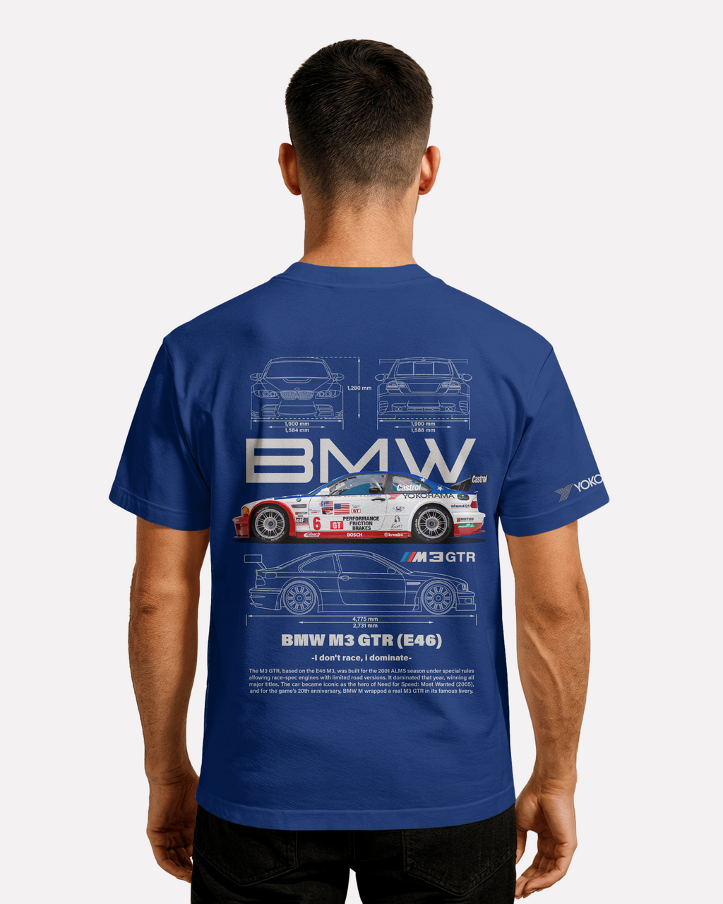 BMW M3 GTR E46 T-shirt Classic Unisex biała/czarna/niebieska