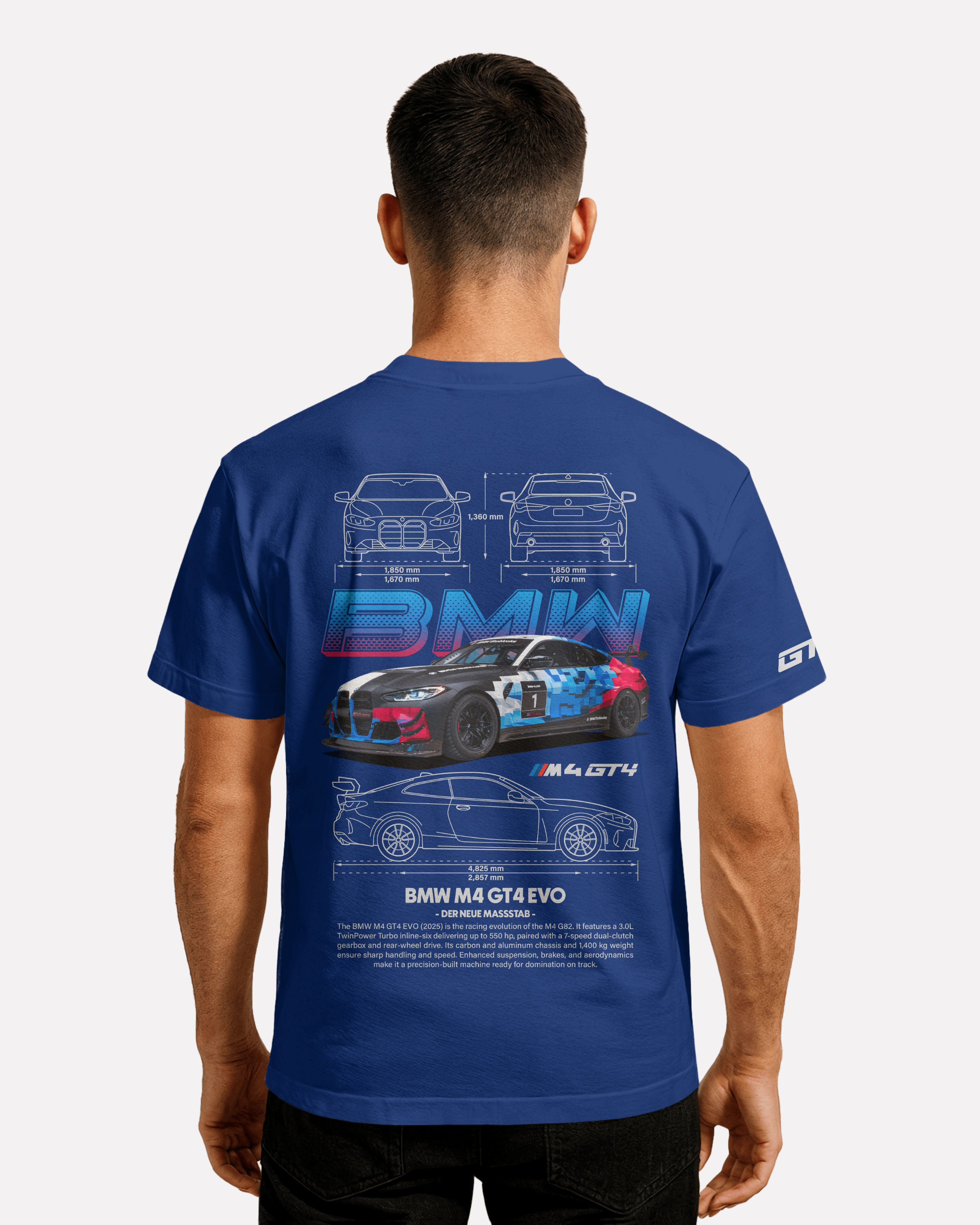BMW M4 GT4 EVO T-shirt Classic Unisex biała/czarna/niebieska