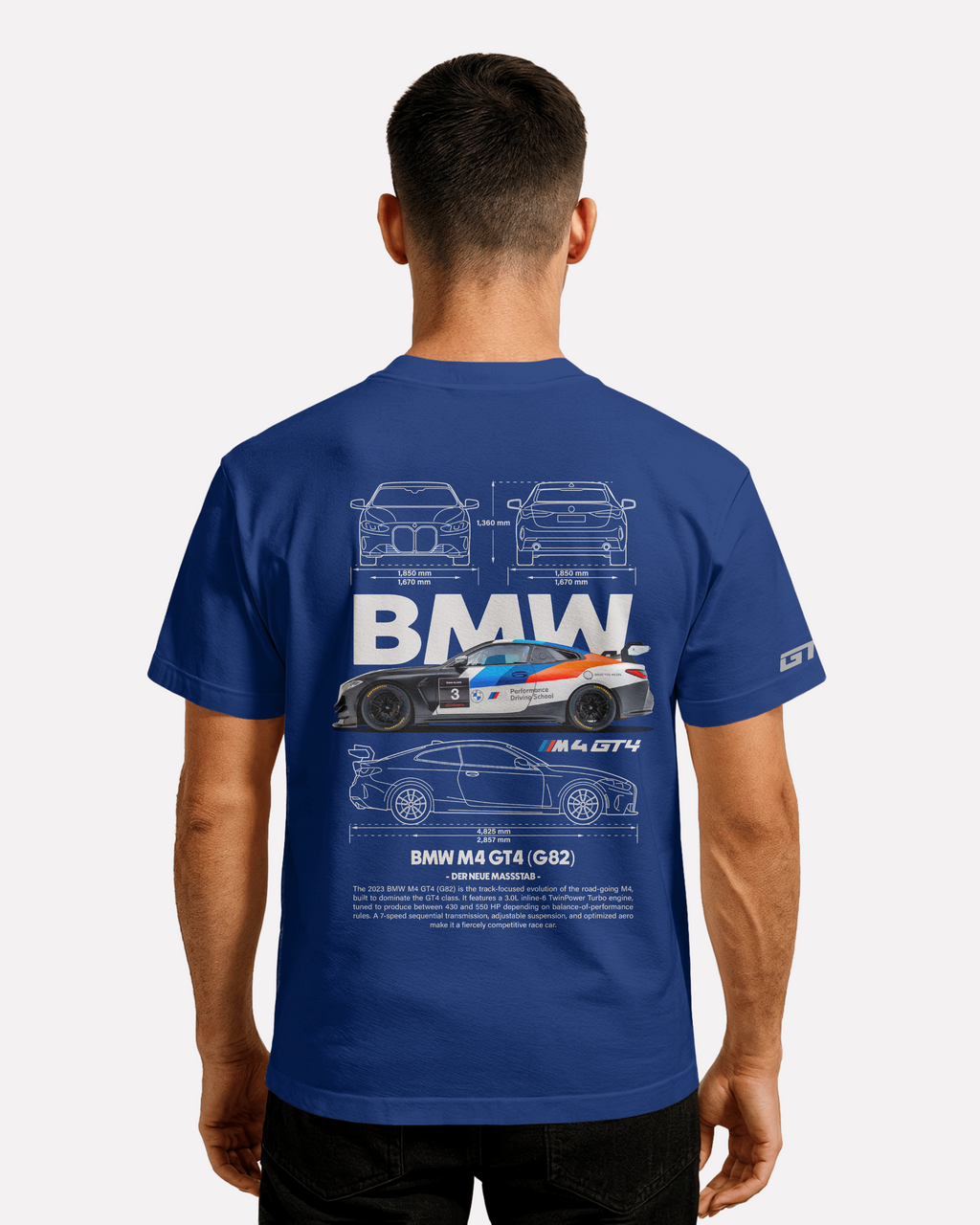 BMW M4 GT4 G82 T-shirt Classic Unisex biała/czarna/niebieska