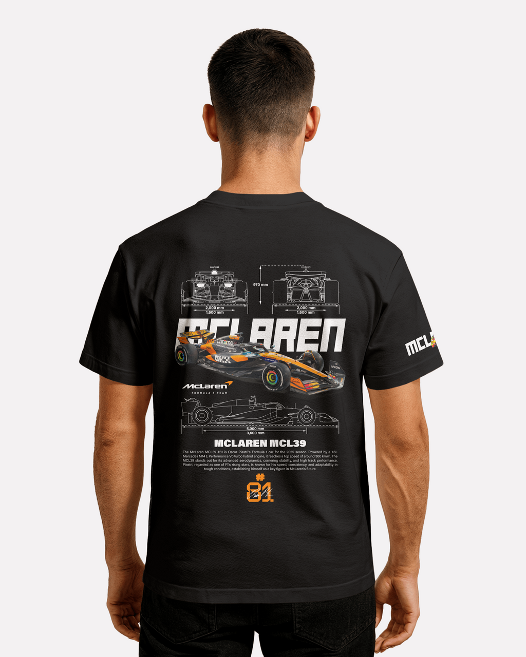 McLaren MCL39  T-shirt Classic Unisex  czarna/biała/pomarańczowa