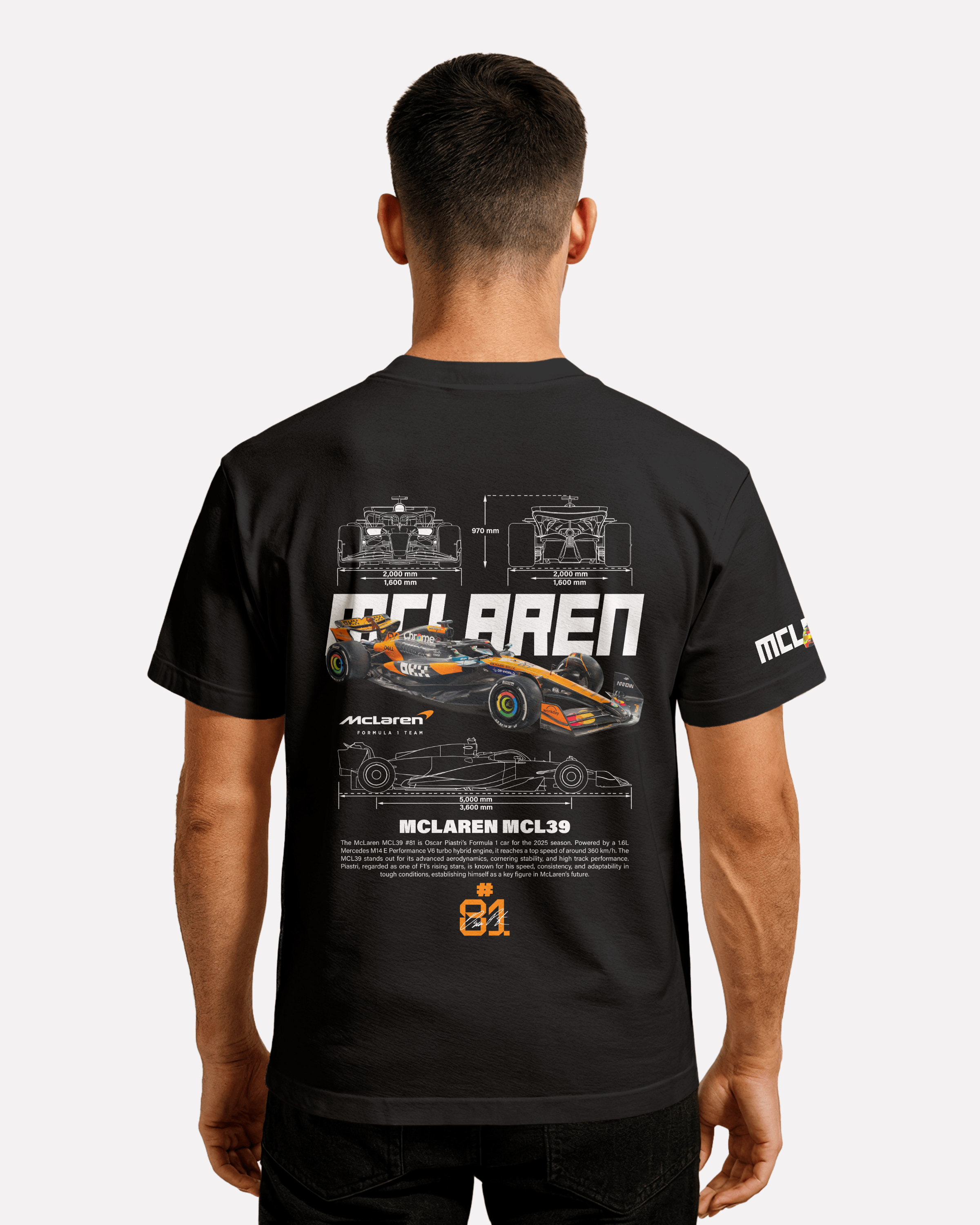 McLaren MCL39  T-shirt Classic Unisex  czarna/biała/pomarańczowa