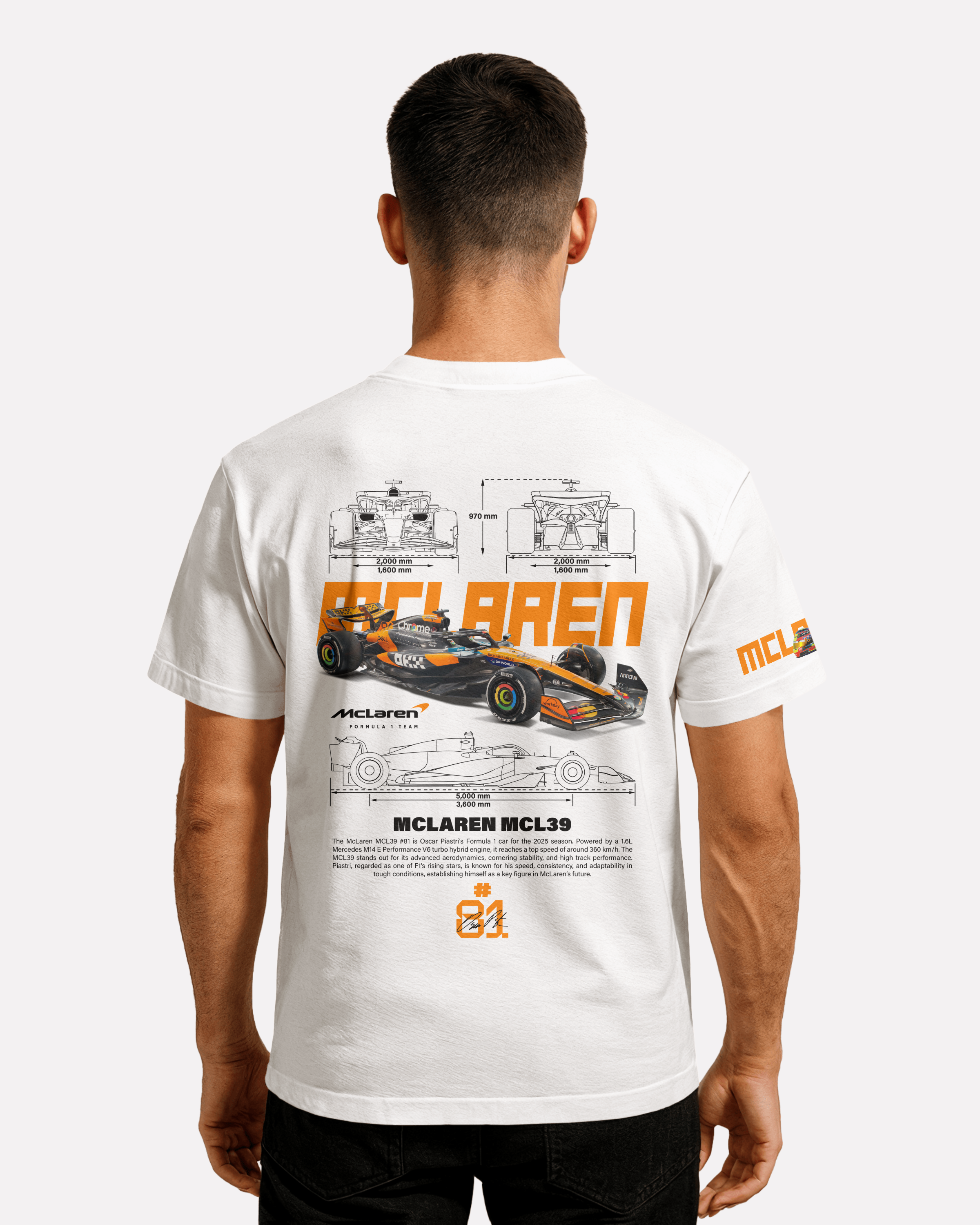 McLaren MCL39  T-shirt Classic Unisex  czarna/biała/pomarańczowa