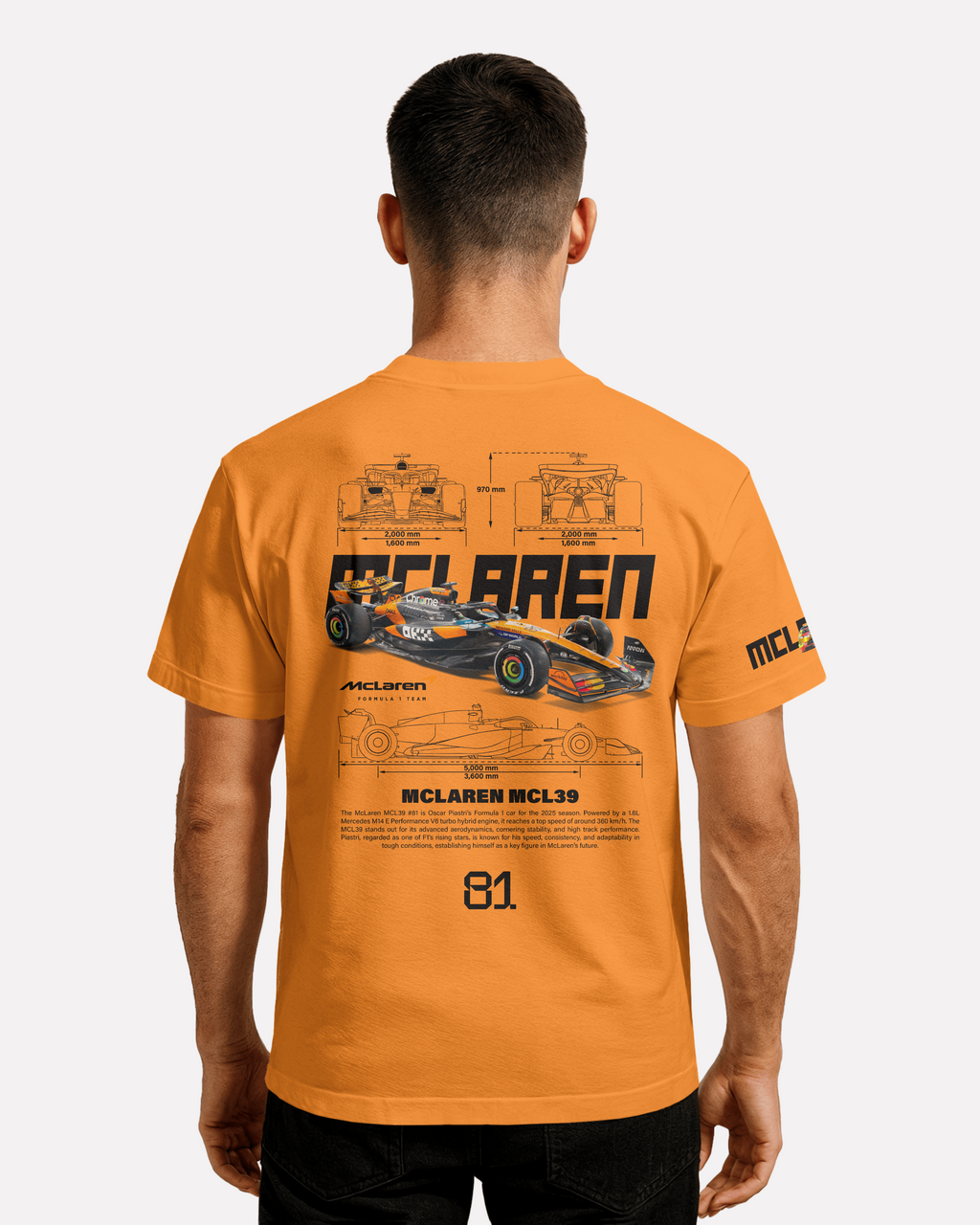 McLaren MCL39  T-shirt Classic Unisex  czarna/biała/pomarańczowa