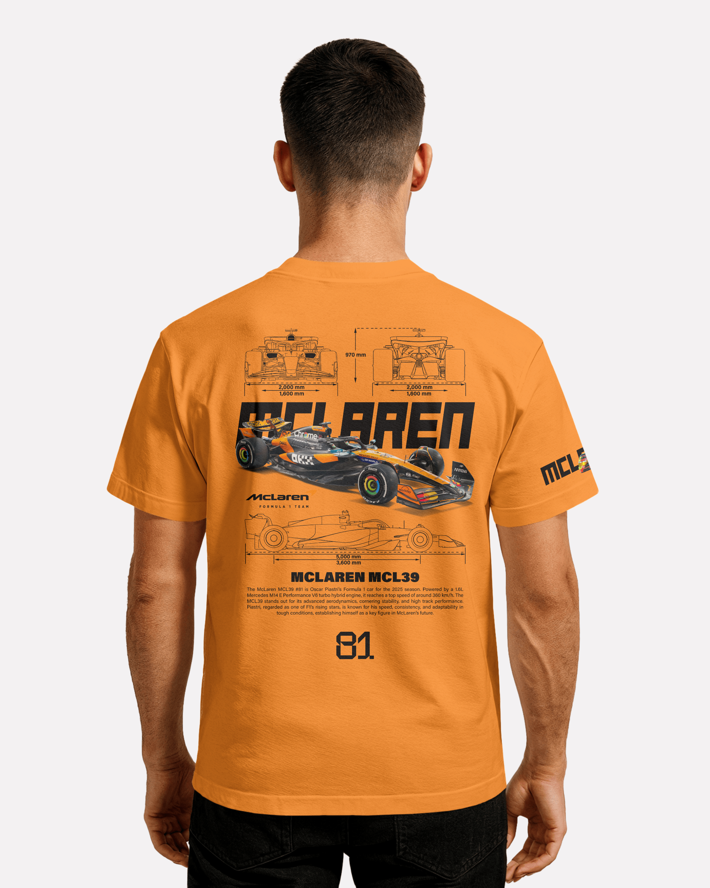 McLaren MCL39  T-shirt Classic Unisex  czarna/biała/pomarańczowa