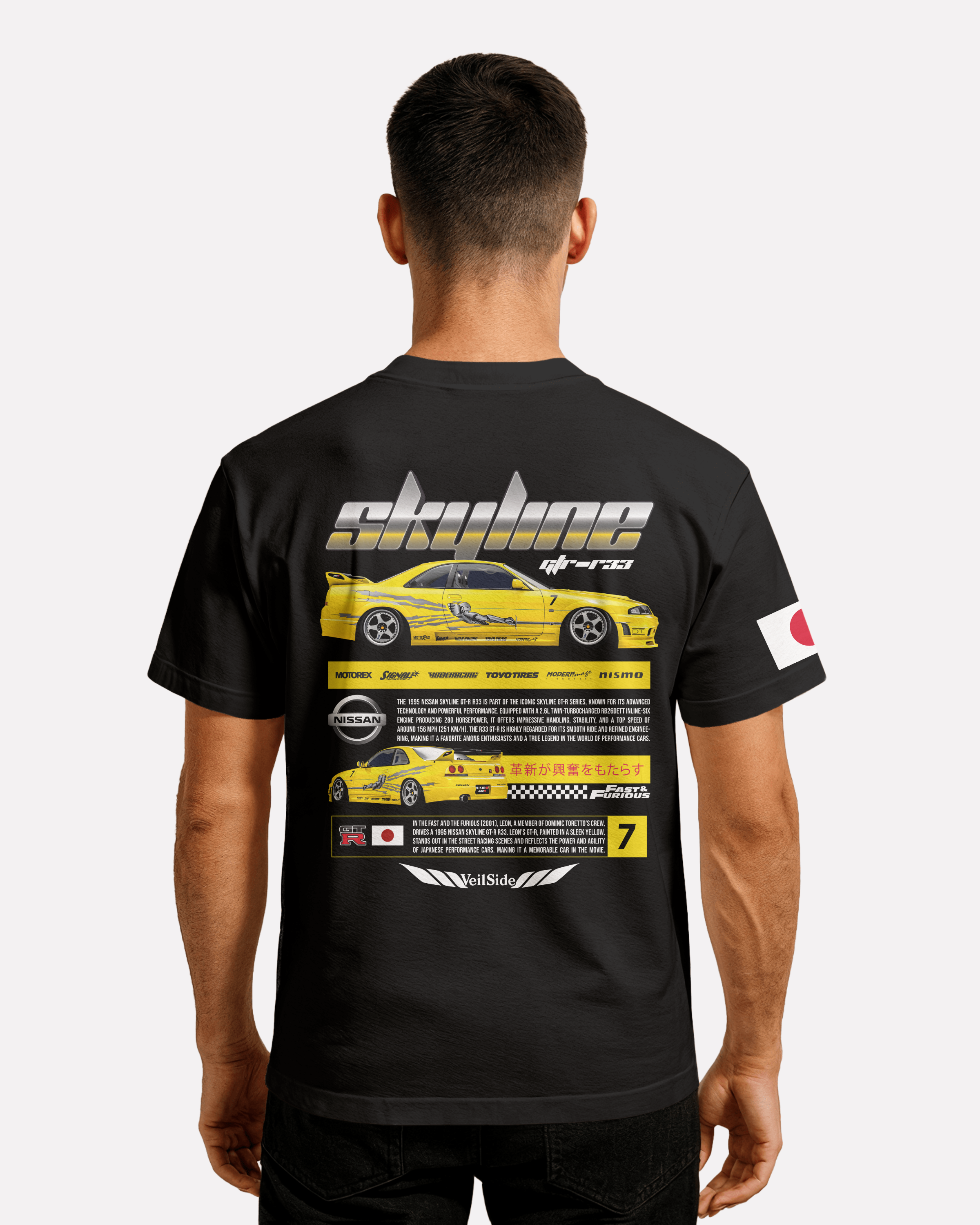 Nissan Skyline GTR R-33 T-shirt Classic Unisex biała/czarna